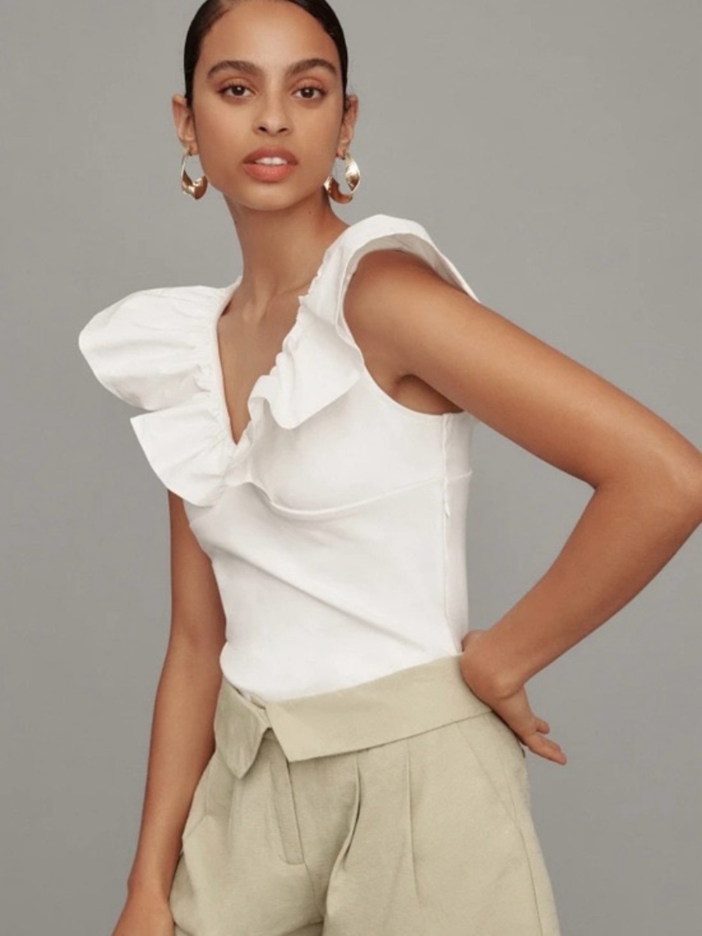 Anthropologie Dolan White Ruffle V-Neck Sleeveless Top Size large